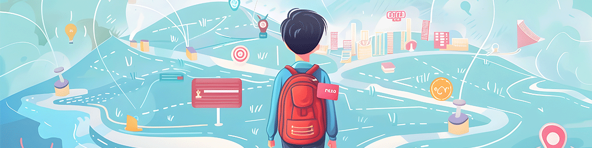 A student with a backpack looking at a roadmap filled with educational icons and pathways.