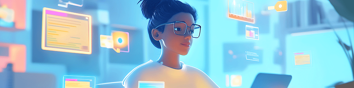 A young woman using a laptop surrounded by floating digital learning icons.