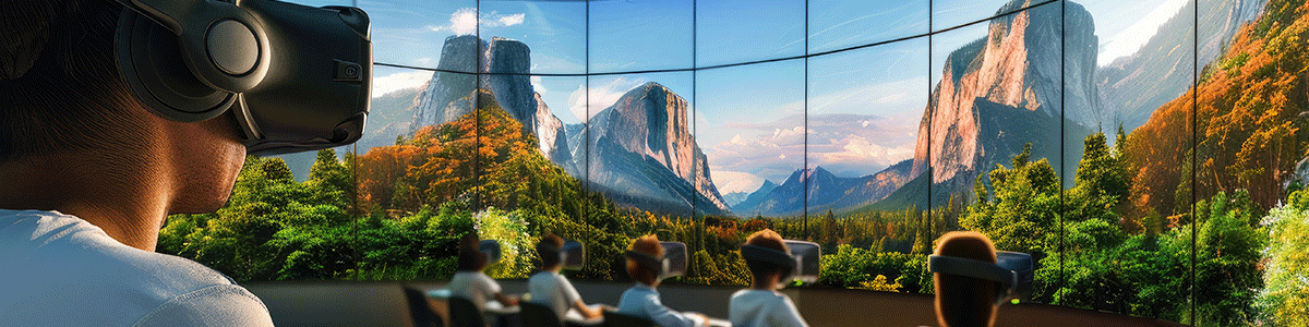 Students wearing VR headsets immersed in a panoramic view of a virtual forest.